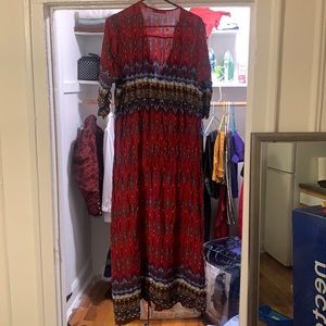 Red button down tribal print dress with front slit